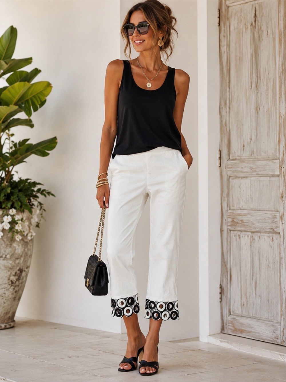 D.F.A New York White Stretch Cropped Pants with Decorative Black Cutout Hem